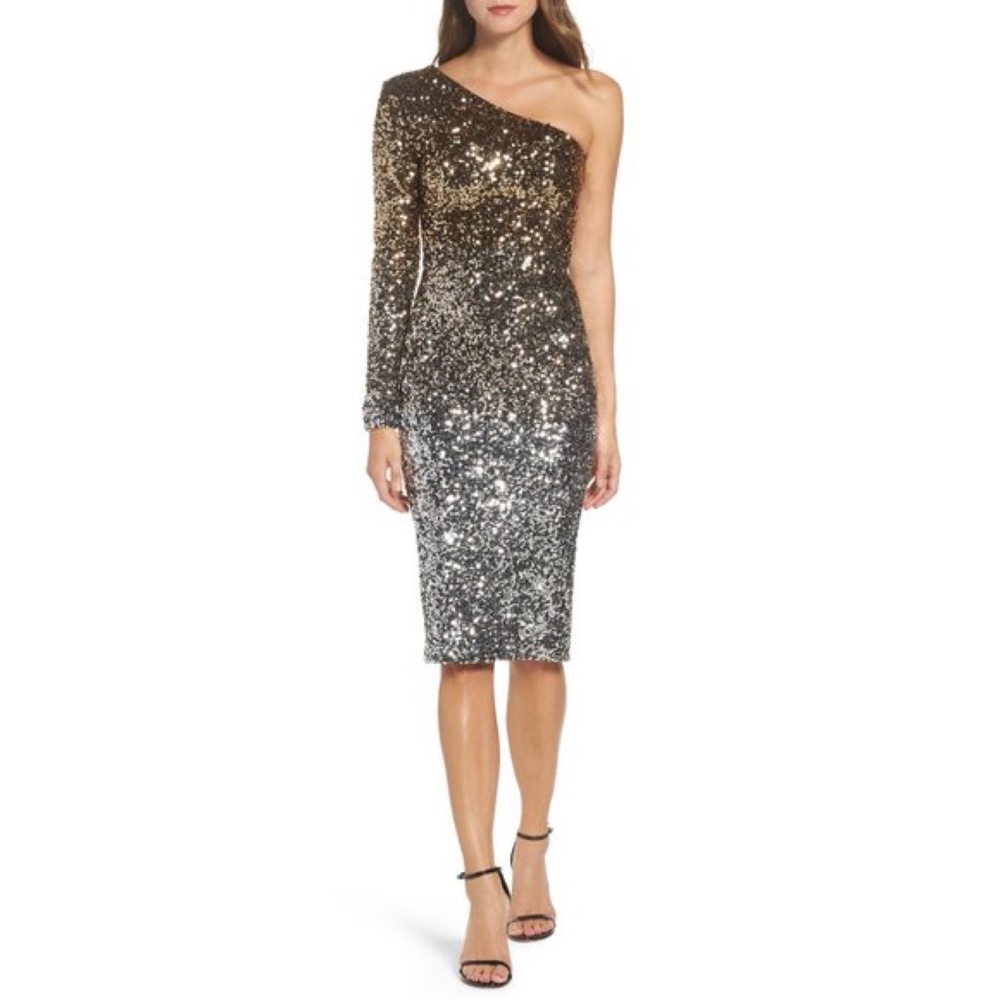 NEW Dress the Population Chrissie Sequin One Shoulder Dress, Medium